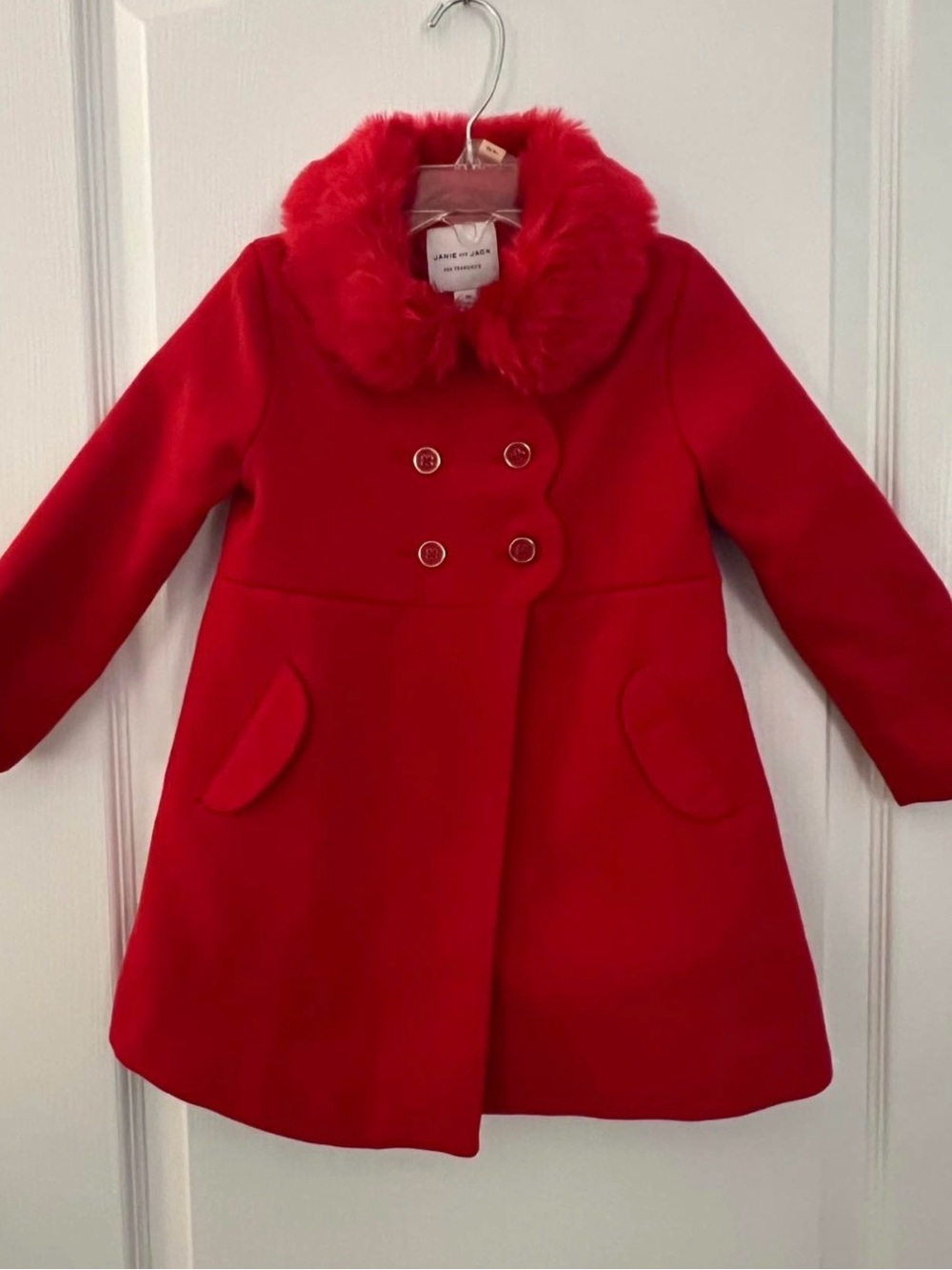 Janie and Jack Red Double-Breasted Faux-Fur Collar Pea Coat 2T